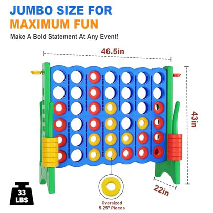 Giant 4 in a Row Game with Quick-Release Slider & Cup Holders, 43" Tall x 46.5" Wide Jumbo Yard Game, 46 Rings & Heavy-Duty Carrying Bag, Perfect for Parties and Camping - color: Blue+Green