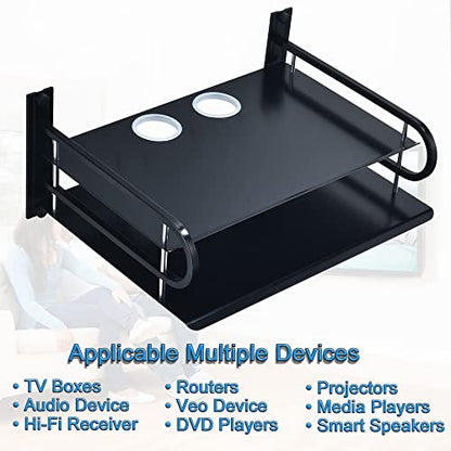 HNVNER Universal Media Shelf with Cable Holes for Entertainment 2-Tier Metal Floating Wall Shelves for Media Such as Router, Modem, Remote, Cable Boxes, Media Boxes, Projector Wall Mount, 12" x 9.8" - color: 2 Layers-large-1pcs