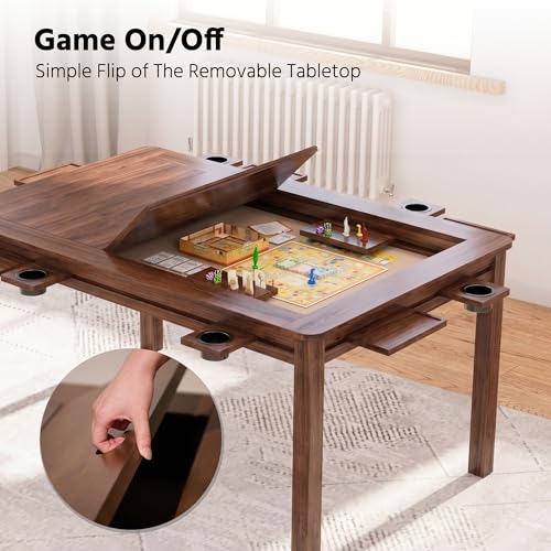 LAUSAINT HOME Board Game Table with Removable Table Top, 54” x 31” Play Area, Gaming and Dining Table with EVA Play Mat, Detachable Cup Holders and Trays for 6 Players, for Card, DND and Poker, Walnut - size: REC Table
