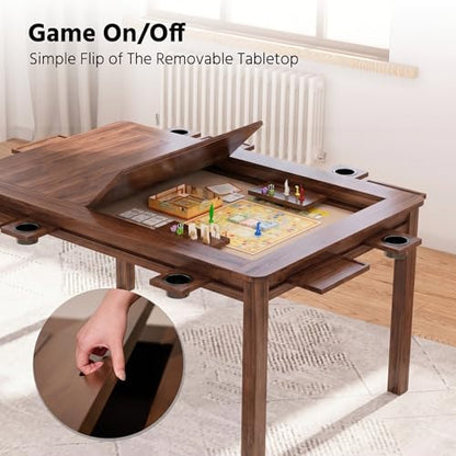 LAUSAINT HOME Board Game Table with Removable Table Top, 54” x 31” Play Area, Gaming and Dining Table with EVA Play Mat, Detachable Cup Holders and Trays for 6 Players, for Card, DND and Poker, Walnut - size: REC Table