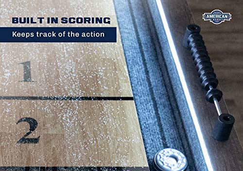 American Legend Kirkwood 9’ Shuffleboard Table with LED Rails, Bowling Game Set, Rustic Wood Finish & Accessories Included