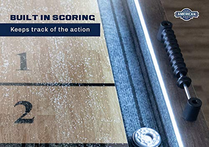 American Legend Kirkwood 9’ Shuffleboard Table with LED Rails, Bowling Game Set, Rustic Wood Finish & Accessories Included