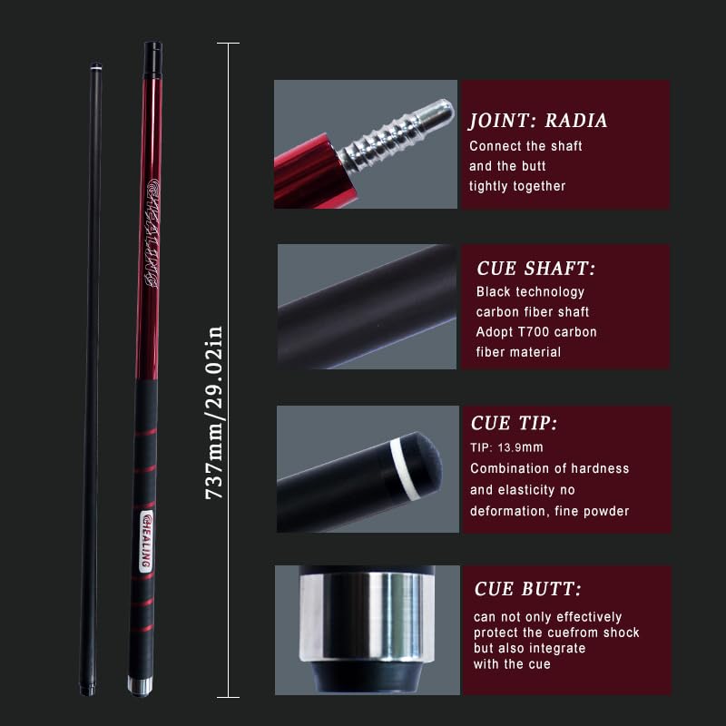 100% Carbon Fiber Shaft Billiard Cue 58" 19-21oz 1/2 Joint Carbon Fiber Pool Cue Stick 12.9mm Cue Tip - color: Red