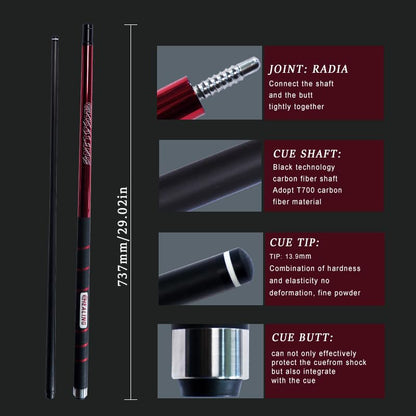 100% Carbon Fiber Shaft Billiard Cue 58" 19-21oz 1/2 Joint Carbon Fiber Pool Cue Stick 12.9mm Cue Tip - color: Red