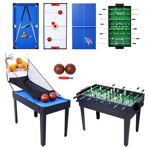 48” 6-in-1 Multi-Game Table - Billiards, Air Hockey, Foosball, Basketball, Table Tennis, and Dining Table Set for Home Game Room Blue