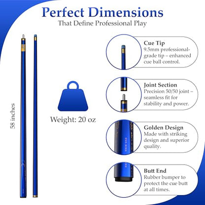 Cue-King Premier Pool Cue 58" 20oz 2 Piece with 9.5mm Premium Tip and Leather Case, Pool Stick, Cue Stick, Billiard Cue Stick, Taco De Billar, Pool Table Stick, Billiard Stick