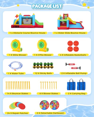 Whubefy Giant 29FT Bounce House Water Slide for Kids 3-12, Huge Sectional Obstacle Course Bouncy Castle with Slides/Tunnels/Climbing Walls/Jumping Area/Obstacles/Splash Pool/Basketball Hoops/Dartboard - style: 550+370W Blower