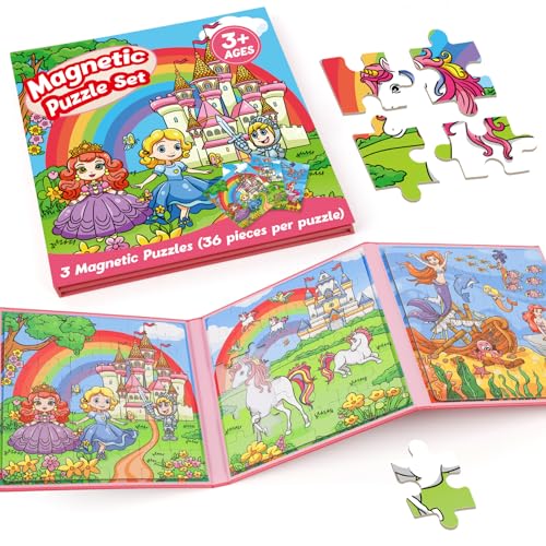 Kasfalci Magnetic Puzzles for Toddlers 3-5,36 Pieces Travel Puzzles Games for Kids,Airplane Car Road Trip Activities,Preschool Learning,Princess Magnet Toys for 3 4 5 6 Year Old Girls Birthday - color: Pink