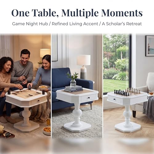 Chess Table, Reversible Chess Checker Game Table with 2 Drawers for Family Entertainment Room, 3-in-1 Square Game Tray for Chess Checker Backgammon, White - size: 28''-Chess Table White
