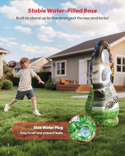 QPAU Life-Size Inflatable Football Target with Dual-Hole & Water-Filled Base - Includes 4 Balls, 2 Pumps & Dry Erase Scoreboard - Heavy Duty Outdoor Backyard Sports Toss Games for Kids, Teens & Adults