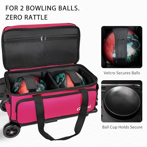 Goloni Double Roller 2 Ball Bowling Bag with Separate Shoe Compartment,2 Ball Bowling Bag with Wheels,Retractable Handle Extends to 40" - color: Rose