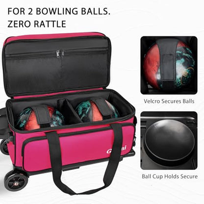 Goloni Double Roller 2 Ball Bowling Bag with Separate Shoe Compartment,2 Ball Bowling Bag with Wheels,Retractable Handle Extends to 40" - color: Rose