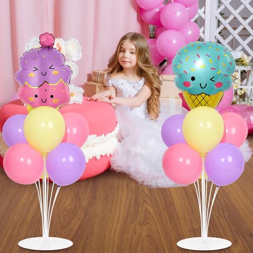 Ice Cream Party Balloons Stand Kit 2 Sets with 2 Macaron Ice Cream Foil Balloons Pastel Sweet One Birthday Balloon Centerpiece for Tables for Girl Birthday Valentine's Day Baby Shower Party Decoration - style: Ice Cream