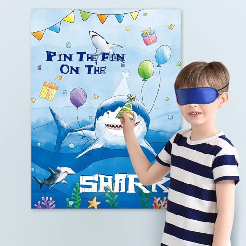 WERNNSAI Pin The Fin on The Shark Party Games - Shark Birthday Decorations Under The Sea Party Game Poster with 24 Pcs Stickers for Kids Birthday Family Classroom Activities - style: Shark