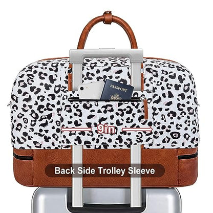 Weekender Bag for Women, Large Overnight Bag Canvas Travel Duffel Bag Carry On Tote with Shoe Compartment 21" 3Pcs Set - color: A17-brown+gray leopard