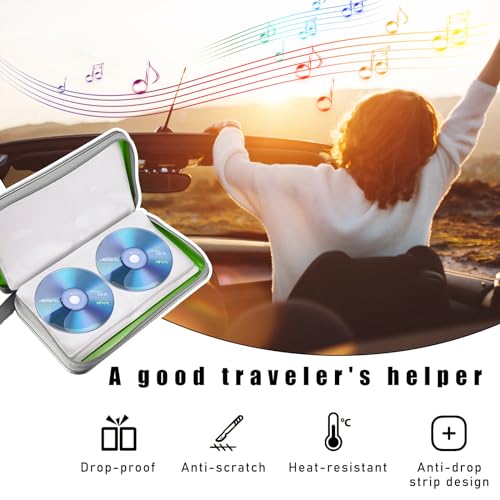 Car CD DVD Case, 96 Capacity Hard Plastic CD Holder, Portable Zipper DVD Disc Organizer Storage Wallet with Closure and Handy Strap, Car Accessories for Home Office Travel (Green)