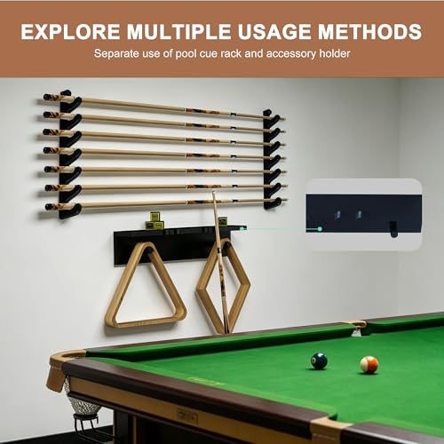 Black Wall-Mounted Pool Stick Holder, Wooden Billiards Pool Cue Rack Holds 7 Cue Sticks and 2 Pool Ball Racks, Pool Table Accessories Organizer for Billiard Rooms or Clubs