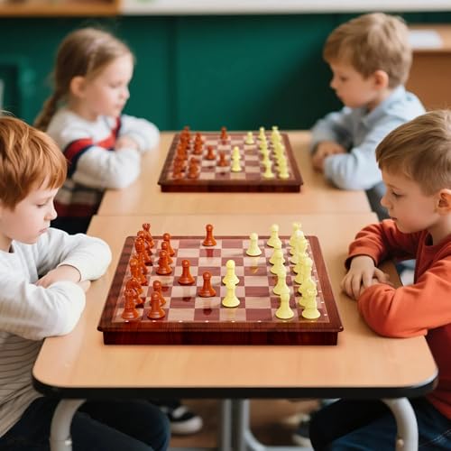 13 Inch Chess Set and Magnetic Chess Board – 2-in-1 Foldable Plastic Travel Board Game, Classic Strategy Toy for Kids, Adults, Beginners and Tournament Players - color: Wood Color