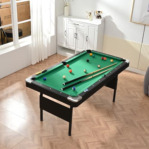Pool Table for Game Room, 6FT Billiard Table with Balls, Cues, Chalk & Rack, MDF Game Table with Wooden Frame for Home, Office, Bar, Family Entertainment Center and Kids Playroom