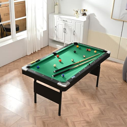 Pool Table for Game Room, 6FT Billiard Table with Balls, Cues, Chalk & Rack, MDF Game Table with Wooden Frame for Home, Office, Bar, Family Entertainment Center and Kids Playroom