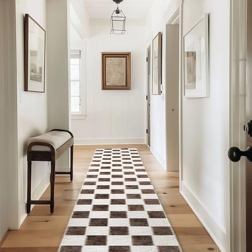 EVERGRACE Checkered Plaid Area Rug 2x10, Soft Fuzzy Faux Wool Rugs Washable Anti Slip Rugs Long Runner Carpet for Entryway Bedroom Living Room Hallway Kitchen Dining Room and Laundry, Dark Brown - color: Dark Brown, size: 2' x 10' (Runner)
