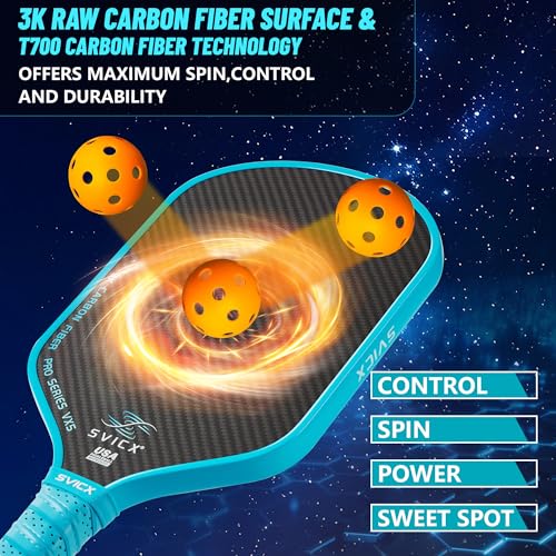 Carbon Fiber Pickleball Paddle 16mm – Professional Pickleball Paddles with Superior Control, Power & Spin – Extended Handle for Two-Handed Grip, USAPA Approved - color: Light Blue