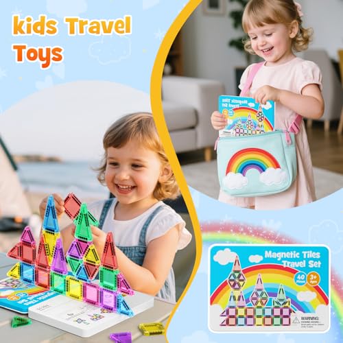 40 Pieces Magnetic Tiles for Kids Ages 4-8, Travel Magnetic Building Blocks Set with Iron Box, STEM Outdoor Kids Toys Gift for Boys & Girls 3+ Year Old, Pocket-Sized Classroom Must Haves - style: 40PCS Rainbow