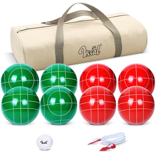 100mm Bocce Ball Set Regulation Size and Weight with 8 Resin Bochie Balls, Pallino, Carrying Bag, Measuring Rope, Gift for Family Backyard Lawn Yard Beach Bocci Games (Multi Colors, 2-8 Players) - style: Premium 100mm Green and Red