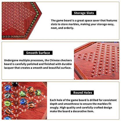 AMEROUS 13.6 inches Wooden Chinese Checkers Board Game Set with 60 Colorful Glass Marbles, Classic Strategy Game for Kids, Adults, Whole Family Play (Up to Six Players)