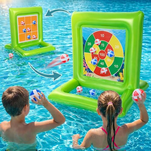 Pool Toys for Kids & Adults, 2-in-1 Dart Board and Tic Tac Toe Pool Game with 24 Sticky Balls, Family Summer Water Games for Backyard, Pool Party and Swimming Pool, Green - color: Green
