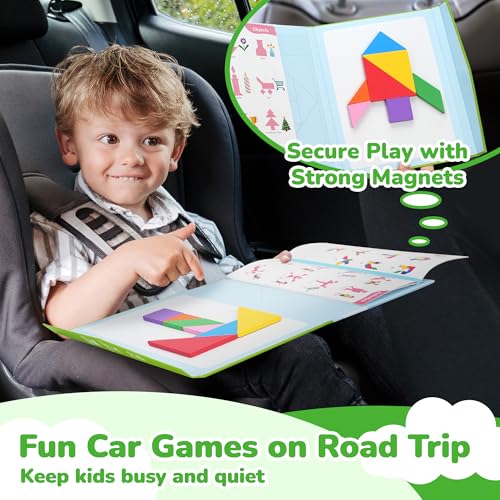 BenBen Travel Tangram Puzzle with Magnetic Wooden Shapes for Kids 4-8 8-12 | Extra Large Dual-Sided Magnet Surface, Color Pattern IQ Book, Road Trip Car Plane Game, Educational STEM Toys for Kids Adults - style: 7 Pieces Blocks