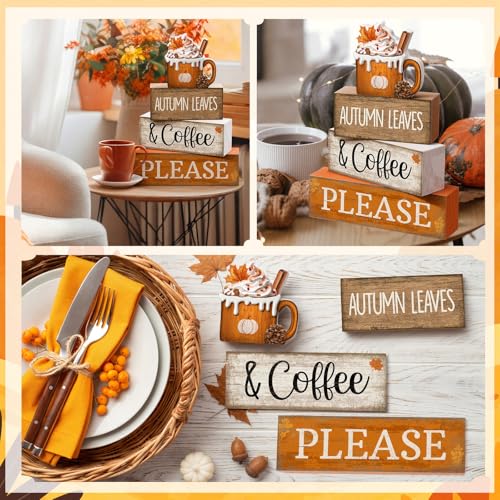 Lineshading 4 Pcs Fall Coffee Table Decor Fall Decoration for Home Wooden Stacked Block with Pumpkin Latte Topper Rustic Thanksgiving Tiered Tray Decor for Harvest Party Home Kitchen Coffee Bar - style: Autumn Leaves 2