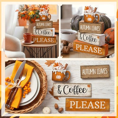 Lineshading 4 Pcs Fall Coffee Table Decor Fall Decoration for Home Wooden Stacked Block with Pumpkin Latte Topper Rustic Thanksgiving Tiered Tray Decor for Harvest Party Home Kitchen Coffee Bar - style: Autumn Leaves 2