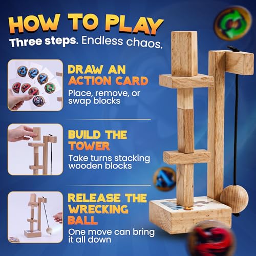 wreckingball Tower Stack Game - Ultimate Stacking Tower Game Adult & Family - Strategy Block Games for Kids & Adults - Tumbling Tower with Action Cards & Wrecking Ball - Fun Party & Block Game Set
