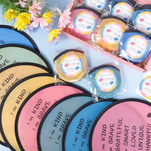End of the Year Gifts for Students Bulk Foldable Flying Disc Fans Set with Stickers Bags, End of Year Student Gifts from Teacher Beach Fun Folding Pocket Hand Fans for Outdoor Activities Games - style: 24 Pcs Inspirational Flying Disc Fans-B