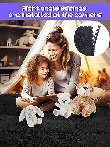 12 pcs Thickened Plush Foam Interlocking Floor Mats, Interlocking Foam Tiles with Edgings for Kids, Soft Anti-Slip Puzzle Area Square Rug Playmat for Children Room Flat (11.8", Black) - color: Black