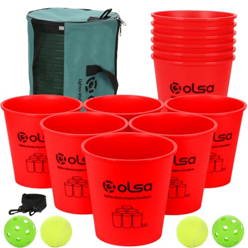 Olsa Giant Yard Pong Games, Outdoor Games for Adults and Family, Toss Games with 12 Buckets, Balls & Strength Carrying Bag for Beach, Camping, Lawn and Backyard(Red) - color: Red