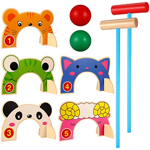 TOYANDONA Kids Croquet Set 2 Player - Animal Croquet Set Wooden Outdoor Games Activities with Wooden Mallets Colored Balls for Kids Indoor Lawn Backyard Park and More