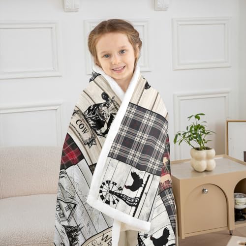 Rustic Farm Animal Fleece Bed Blanket Twin 60"X80" Retro Buffalo Plaid Farmhouse Cabin Throw Blanket Country Sheep Chicken Cow Print Sherpa Blanket,Grid Windmill Flannel Blanket Red Black Grey - color: Pattern 16, size: Twin(60"x80")