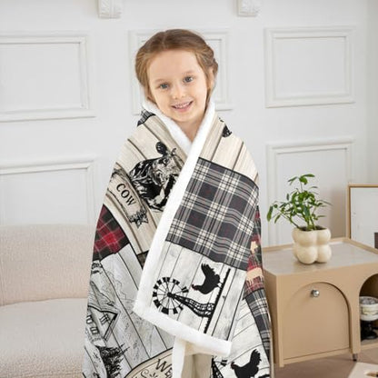 Rustic Farm Animal Fleece Bed Blanket Throw 50"X60" Retro Buffalo Plaid Farmhouse Cabin Throw Blanket Country Sheep Chicken Cow Print Sherpa Blanket,Grid Windmill Flannel Blanket Red Black Grey - color: Pattern 16, size: Throw( 50"x60")