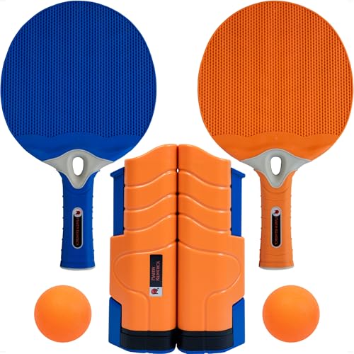 2-Player Outdoor Table Tennis Net Set - Play Table Tennis Almost Anywhere - Indoor/Outdoor Ping Pong Paddles - Retractable Net Fits Tables Up to 2” Thick & 6’ Long