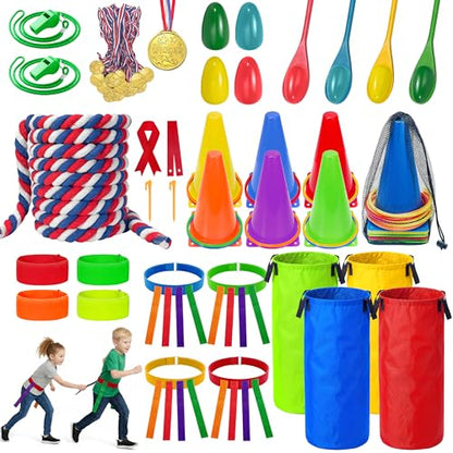 LINAYE Outdoor Field Day Games for Kids Adults, Carnival Lawn Yard Family Reunion Survivor Games Activities Tug of War Rope, Potato Sack Race Bags, Ring Toss,Catch Tail Game Belt for Birthday Party