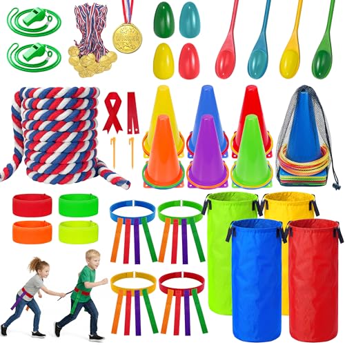 LINAYE Outdoor Field Day Games for Kids Adults, Carnival Lawn Yard Family Reunion Survivor Games Activities Tug of War Rope, Potato Sack Race Bags, Ring Toss,Catch Tail Game Belt for Birthday Party