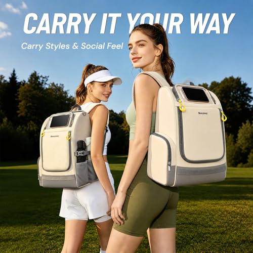 Bosynoy Disc Golf Bag with Clear Phone Holder, 20+ Discs Disc Golf Backpack with Insulated Pocket, Cute Beige Sports Backpack for Women Men Beginners