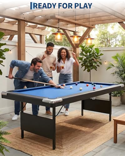 7 Foot Pool Table for Family, Foldable No Assembly Pool Table with Balls, Cues, Chalk, Rack & Brush, Portable Billiards Game Table for Apartment, Basement, Office & Game Room - size: Blue-6FT