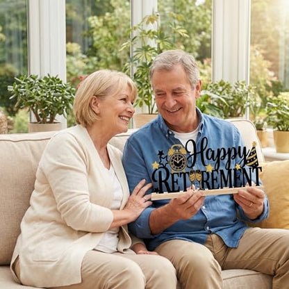 Happy Retirement Party Table Decorations Black and Gold Metal Table Sign with Wooden Base Happy Retirement Gift for Women Men Coworker Tabletop Centerpieces for Home Mantel Shelf Desk - style: Happy Retirement