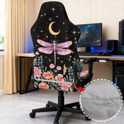 Suobstales Dragonfly Moon Flower Pattern Gaming Chair Cover with 2 Armrest Covers, Non Slip Game Chair Cover with Zipper, Dustproof Washable Gaming Chair Seat Cover, Set of 4 - color: Dragonfly Moon Flower