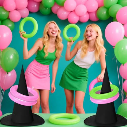 Leitee 25 Pcs Witch Hat Ring Toss Games Set Halloween Party Favors Pink and Green Party Decorations 5 Black Oxford Fabric Wizard Hats with 20 Inflatable Rings for Girls Women Birthday Movie
