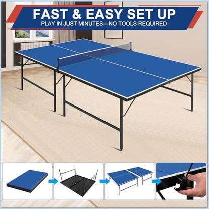 Portable Ping Pong Table, Foldable Indoor Table Tennis Game with 2 Paddles 2 Balls and Net, Quick Assembly Folding Table for Adults and Teens Home Game Room - color: 9ft-blue