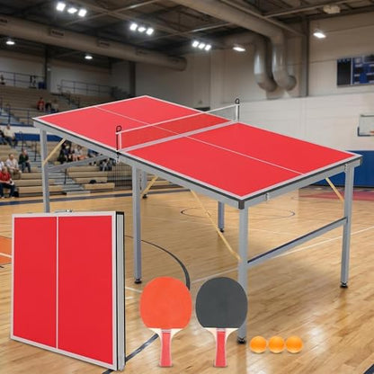 Foldable Ping Pong Table, 6FT Mid-Size Table Tennis Game Set,Portable Ping Pong Tables with Net, 2 Table Tennis Paddles and 3 Balls,Instant Setup,No Assembly Required - color: Red